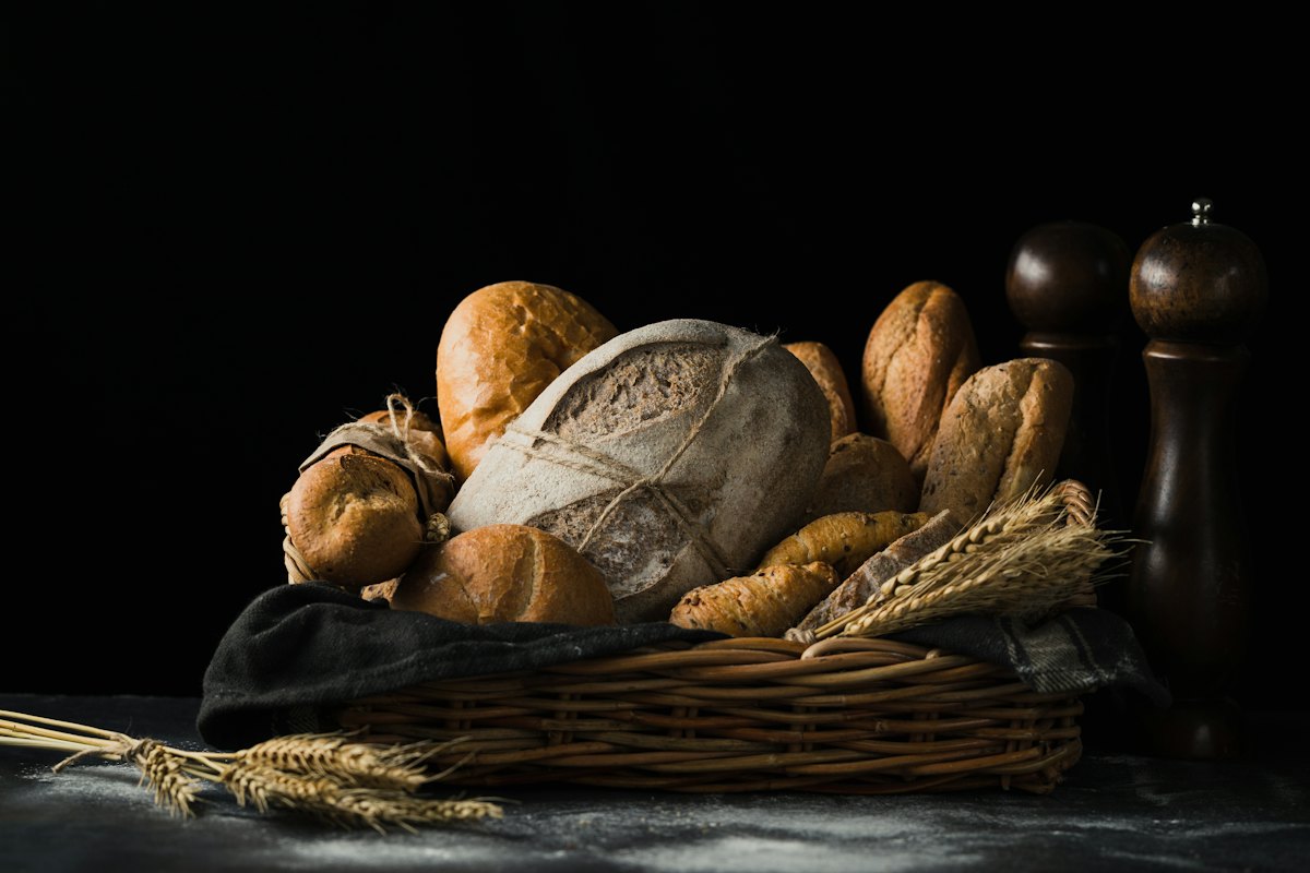 A bakery counter filled with baked goods